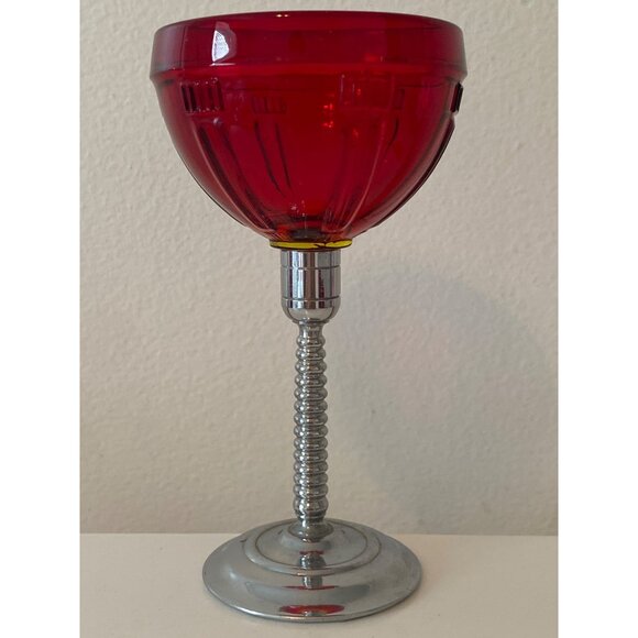 3 Vintage Ruby Red Glass Wine Goblet Glass Chrome Stem Replacement - Picture 2 of 9